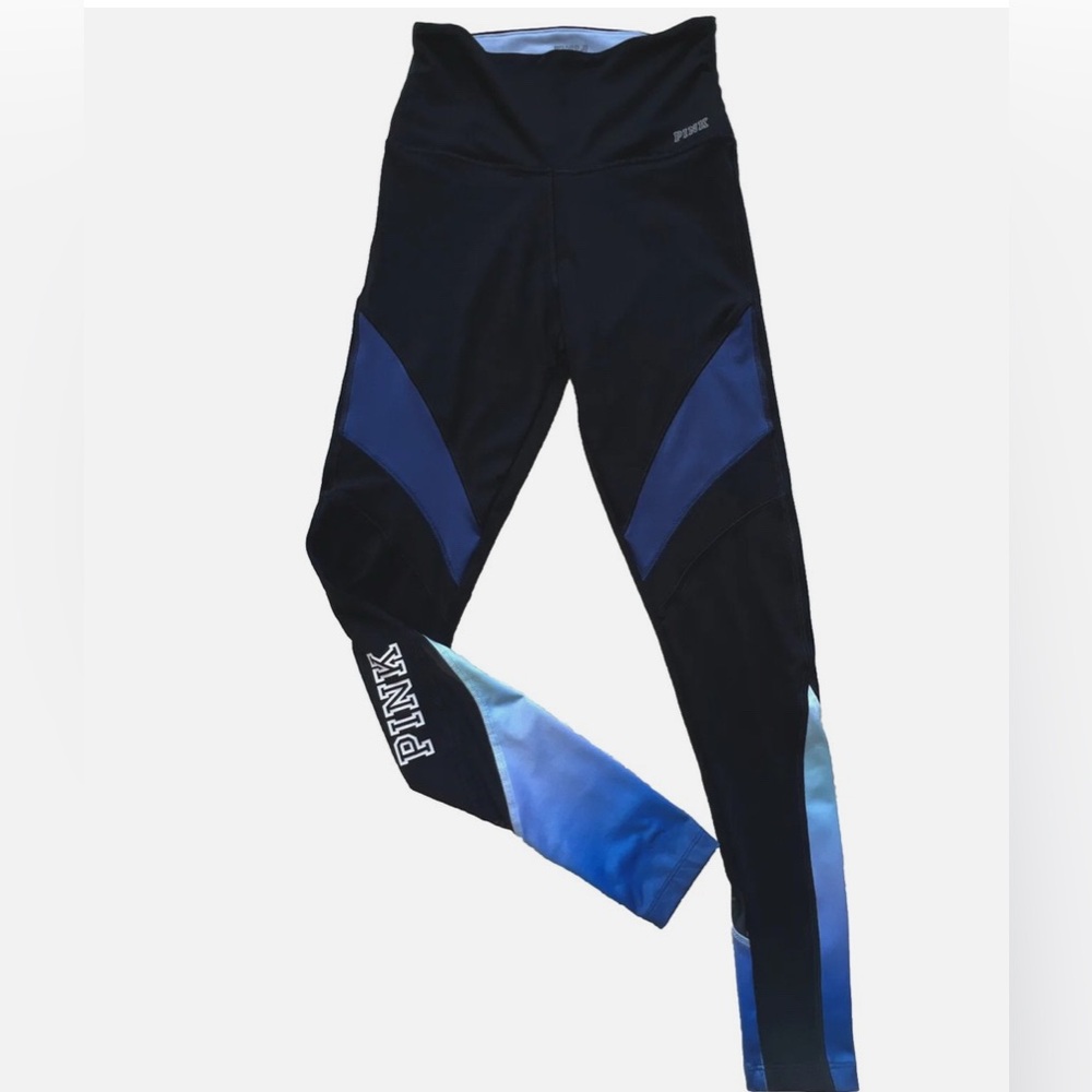 PINK VS Skinny Legging Yoga Pant Size XS Blue Ombré Sheer Mesh Color Block Logo